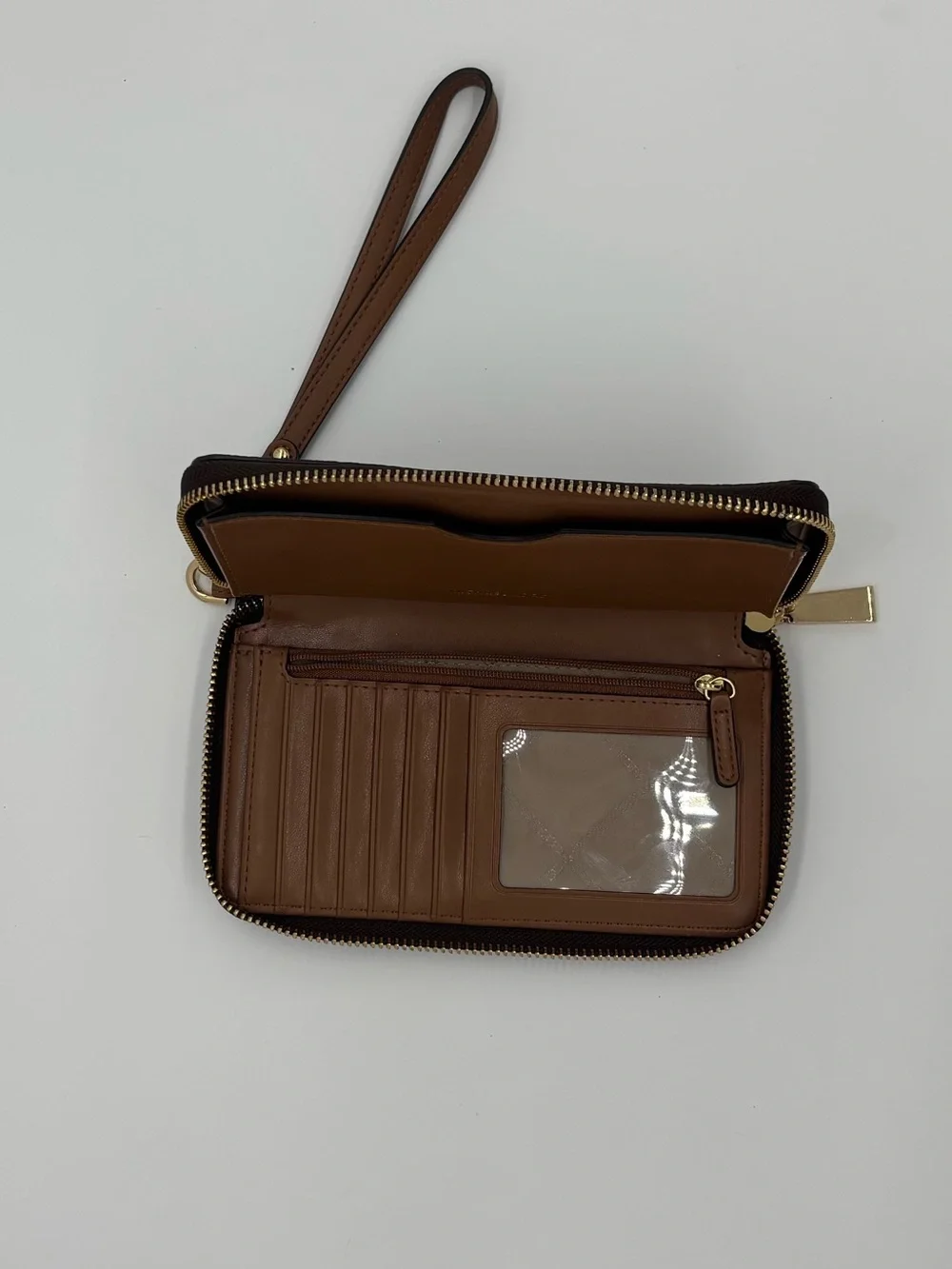 Michael Kors Brown MK Logo Zip-Around Wristlet with Gold Hardware